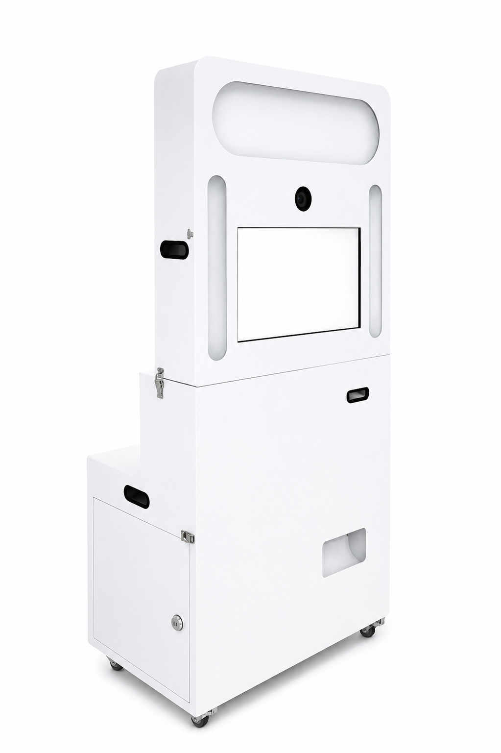 Portable folding photobooth shown upright and folded flat